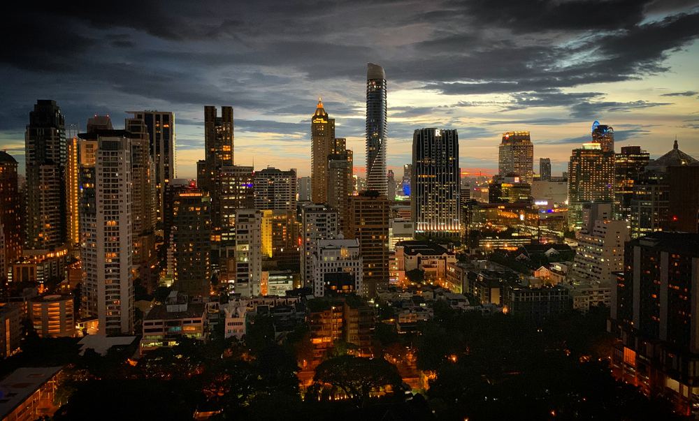 Bangkok's skyline at twilight over the Ratchadamri district